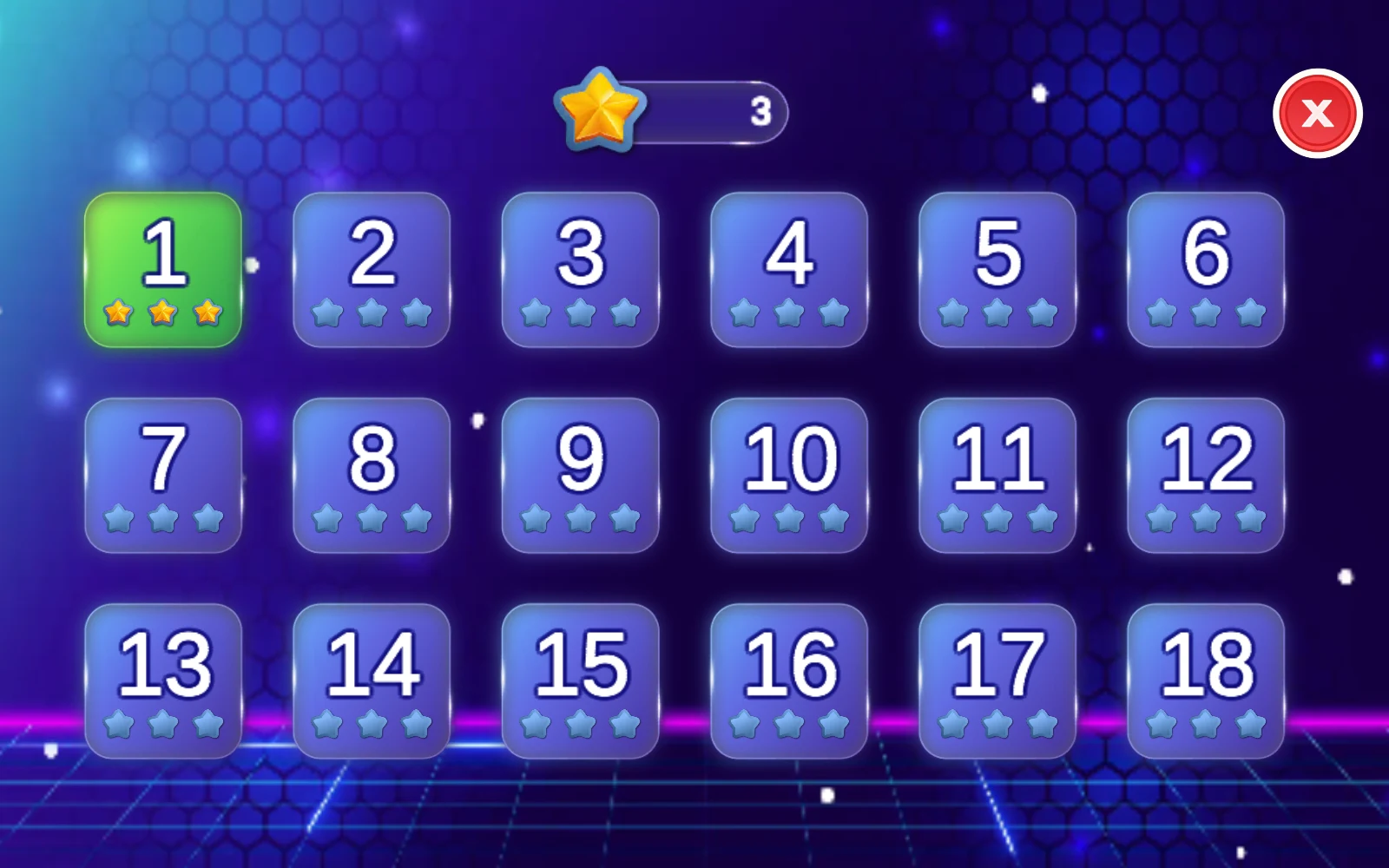 返回與換活動：回到選關頁，也能看到剛完成的星星。