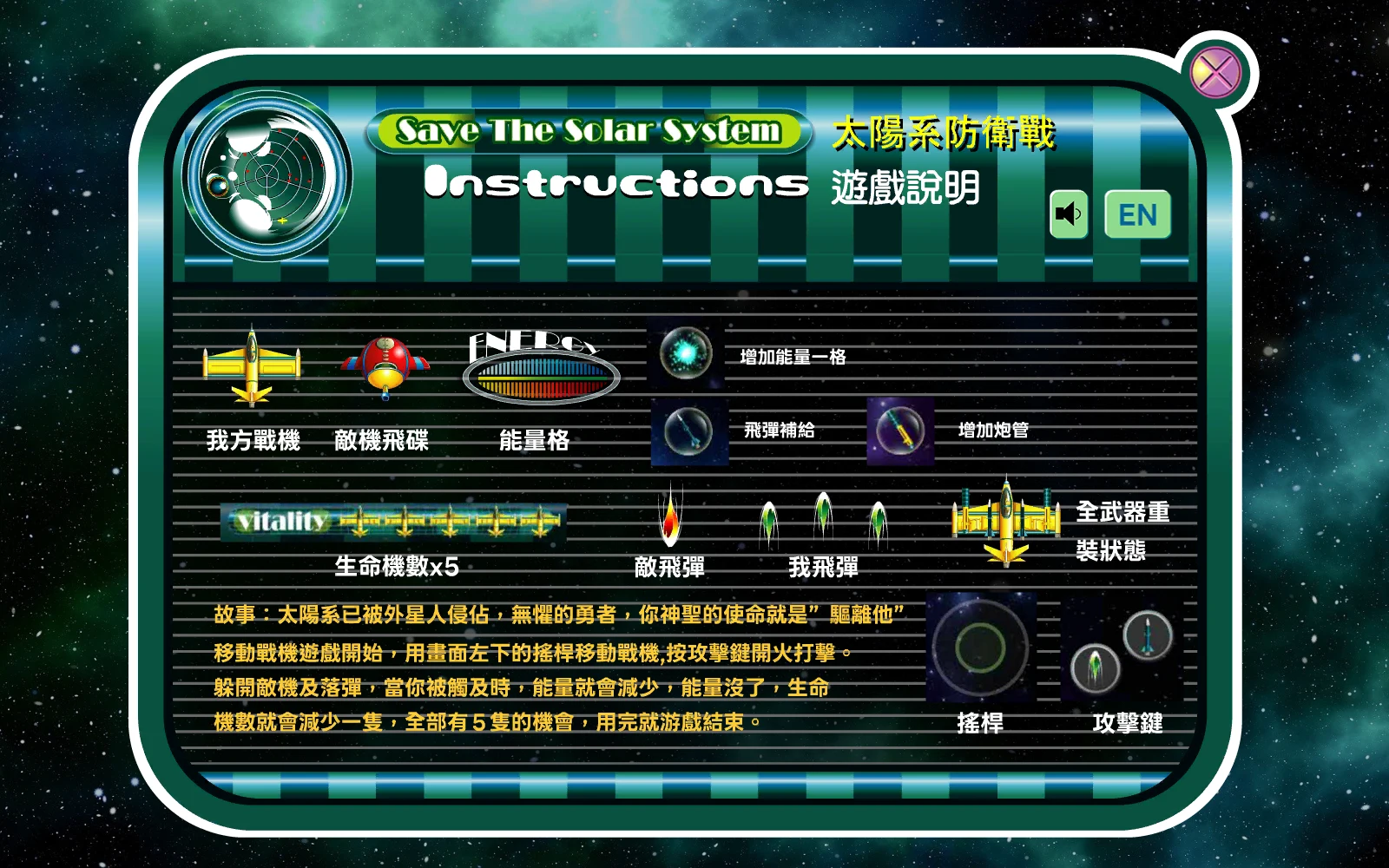 拯救太陽系：Instructions 裡有操作方式和補給圖示。
