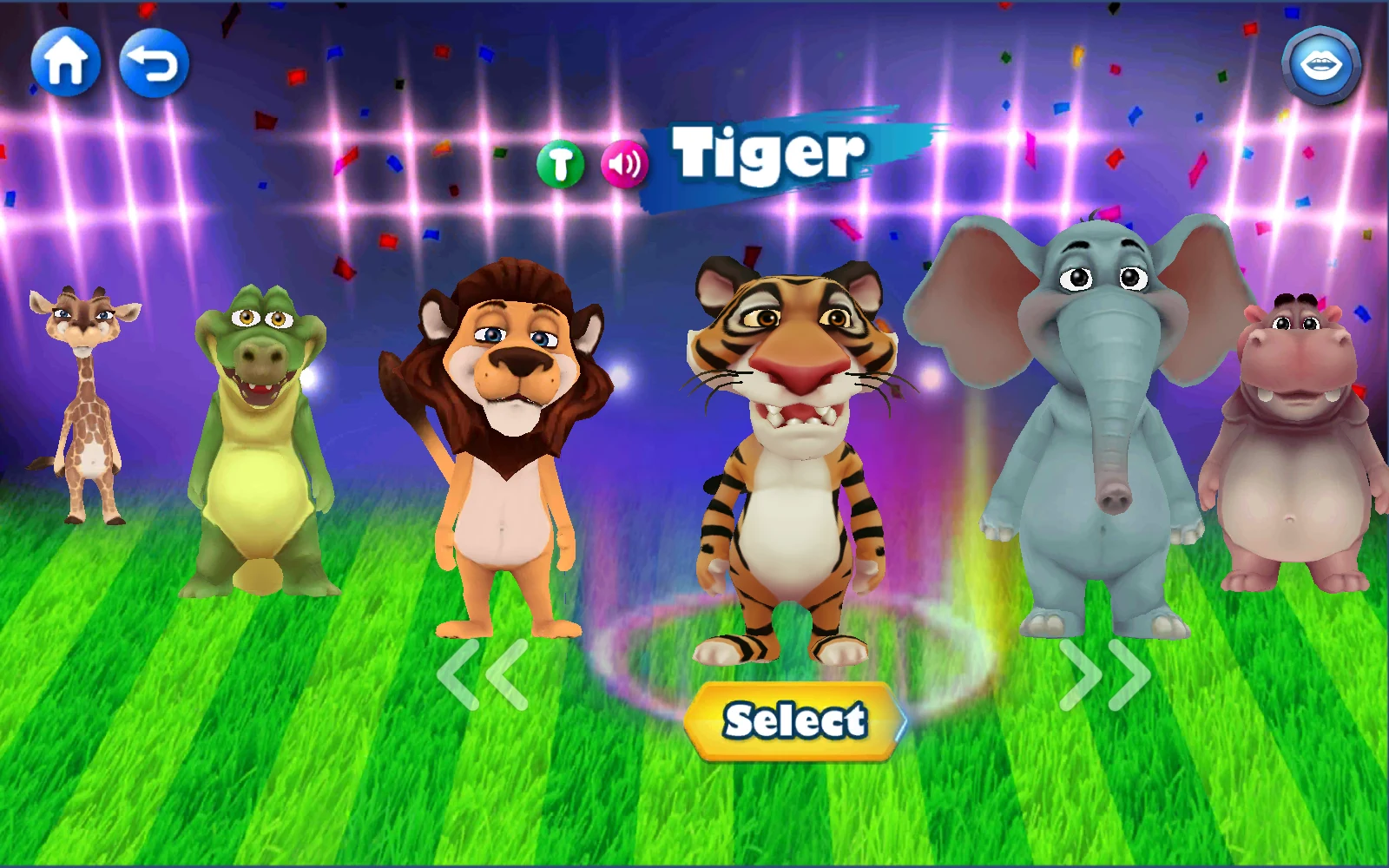Tiger 居中的動物選擇畫面
