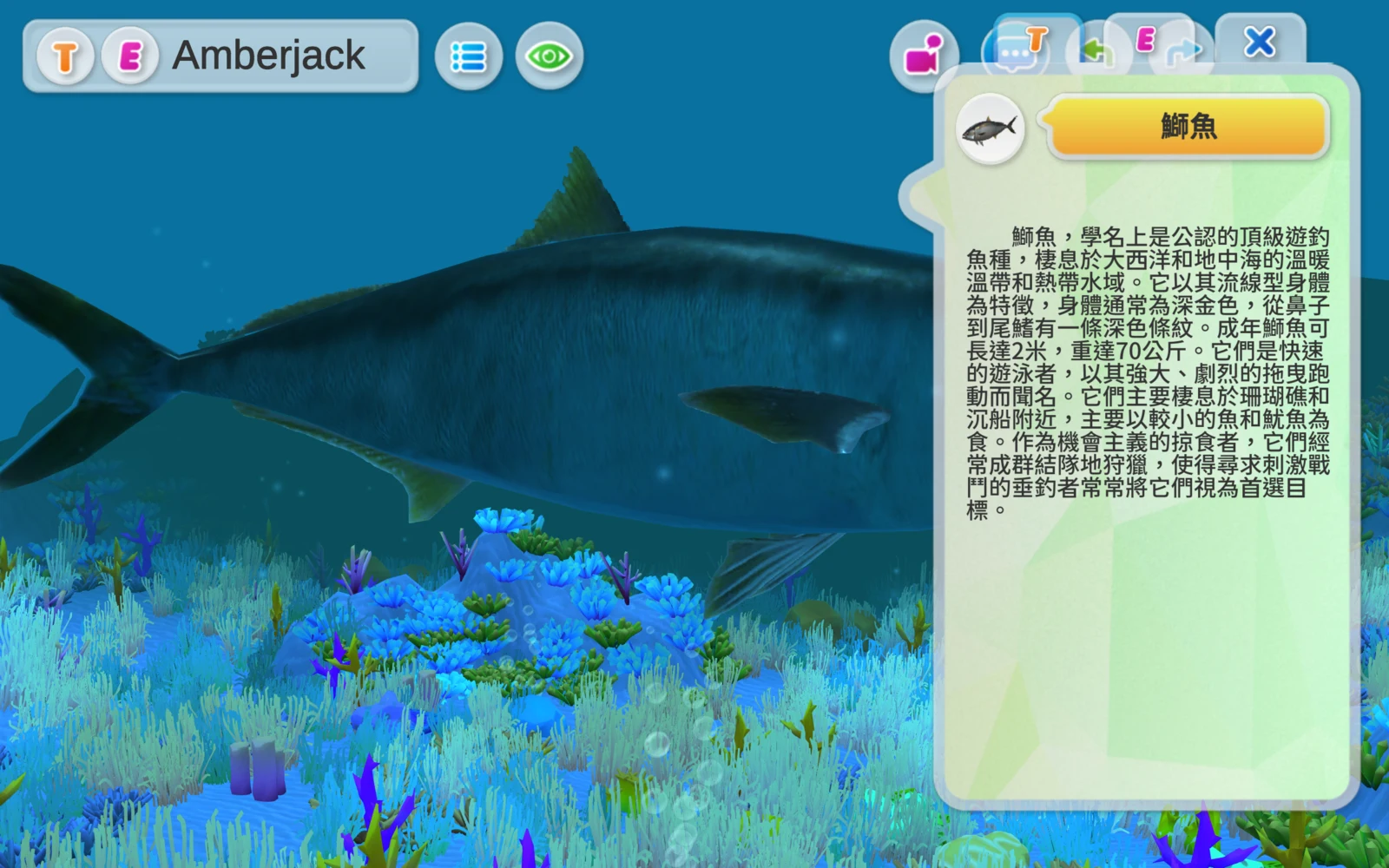 鰤魚中文介紹與 T、E、X 按鈕