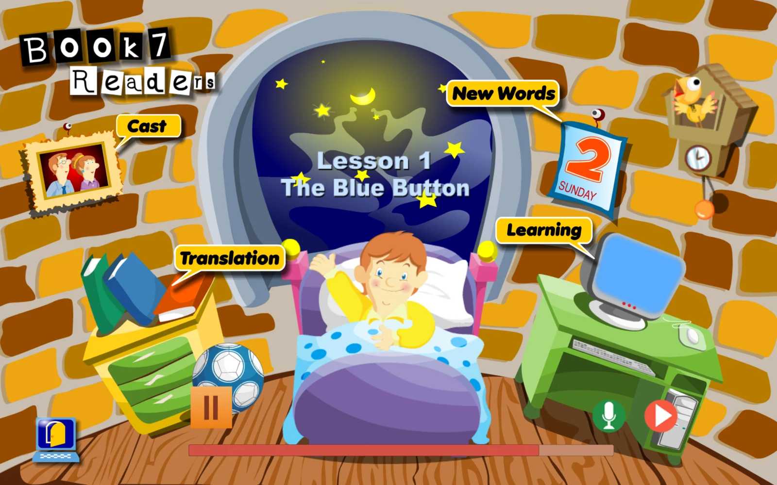 S7 Readers 第一課 The Blue Button 畫面，顯示 Cast、New Words、Translation、Learning 與播放控制