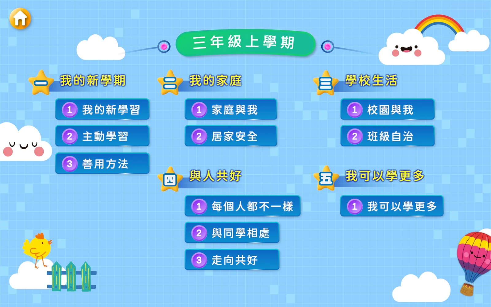 找到課名：南南三上：有新學期、家庭與學校生活等單元。